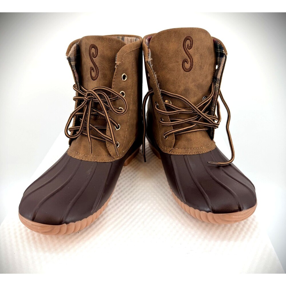 MarleyLilly Womens Size 10 Duck Boots Brown Plaid Lace Up Monogram S Rain Boots